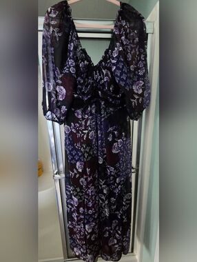 Maurices Sheer Prurple Maxi Dress with Floral Print, Size XL